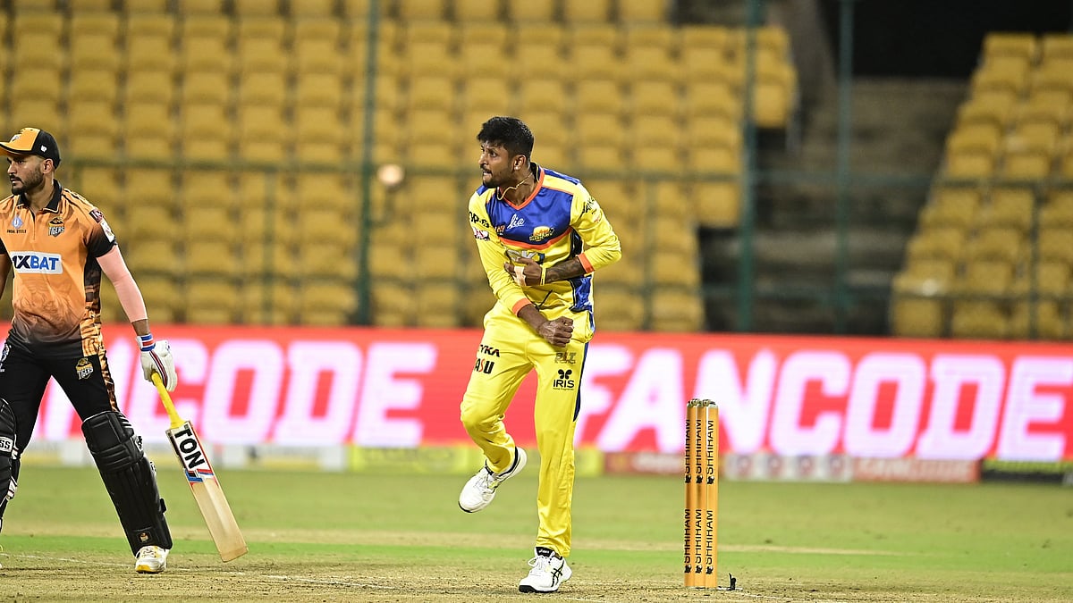 Photo: Maharaja Trophy T20 : Krishnappa Gowtham bowling in Maharaja Trophy T20 semifinal match.